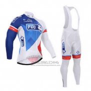 2015 Fietskleding FDJ Wit en Blauw Lange Mouwen en Koersbroek