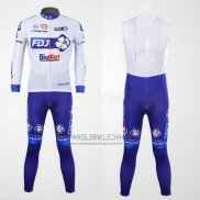 2012 Fietskleding FDJ Wit en Azuur Lange Mouwen en Koersbroek